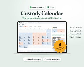 Co Parenting Planner Google Sheets & Excel, Custody Calendar, Custody Log, Child Support Tracker, Shared Expenses, Co Parenting Binder