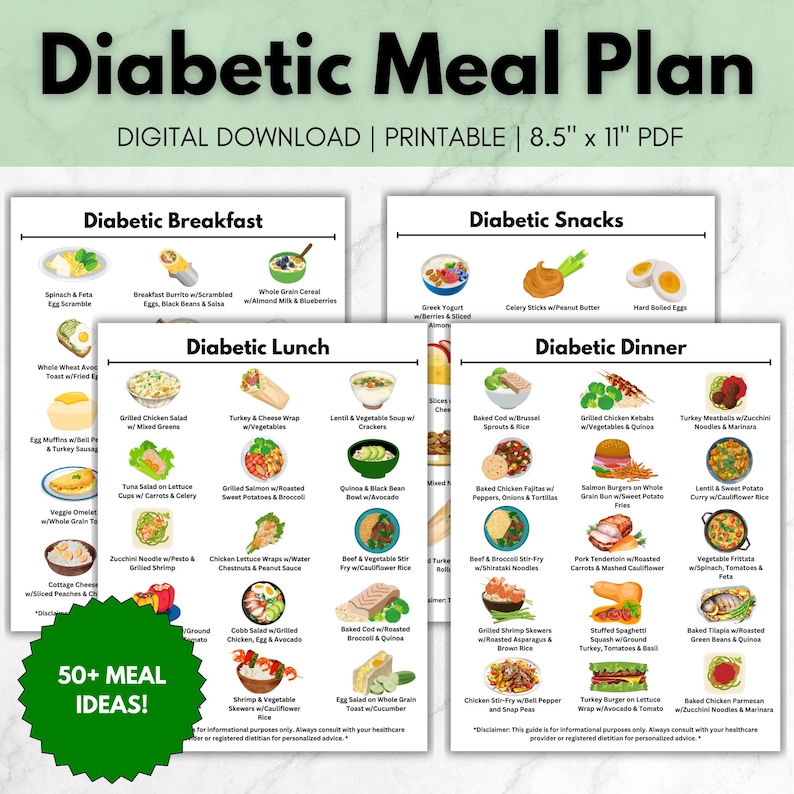 K&ouml;nnte beinhalten: Ein druckbarer Ern&auml;hrungsplan f&uuml;r Menschen mit Diabetes. Der Ern&auml;hrungsplan ist in vier Abschnitte unterteilt: Fr&uuml;hst&uuml;ck, Mittagessen, Abendessen und Snacks. Jeder Abschnitt enth&auml;lt eine Vielzahl von Speiseideen mit Bildern der Gerichte. Der Ern&auml;hrungsplan ist 8,5 Zoll mal 11 Zoll gro&szlig; und enth&auml;lt &uuml;ber 50 Speiseideen.