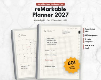 reMarkable Templates, reMarkable 2 & Paper Pure Planner 2026 2027, Minimal Grid Planner, Hyperlinked Daily Planner, E-ink Templates