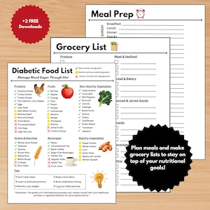 May include: A set of printed meal planning and grocery list sheets. The sheets include sections for meal prep, a grocery list, and a diabetic food list with food categories and check boxes. A red circle with the text "+2 FREE Downloads" is in the upper left.