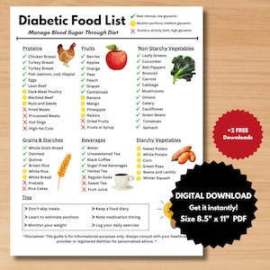May include: A printable 8.5" x 11" PDF digital download titled "Diabetic Food List." The guide categorizes foods into proteins, fruits, non-starchy vegetables, grains, beverages, and starchy vegetables, with checkmarks and X's indicating suitability.