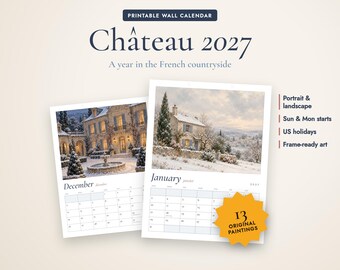 2027 Printable Calendar, Château Wall Calendar, French Country Art Monthly Calendar, Year at a Glance, Letter A4 8x10 11x14 Poster Print