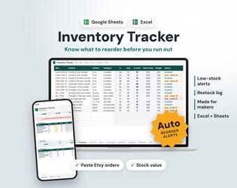 Inventory Tracker Spreadsheet, Etsy Seller Spreadsheet, Product Inventory Tracker Google Sheets & Excel, Reseller Inventory Management