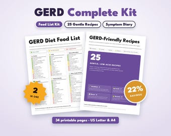 GERD Diet Bundle Printable, GERD Food List and GERD Recipes Cookbook, Acid Reflux Diet Kit, Low Acid Meal Plan, Heartburn Symptom Diary