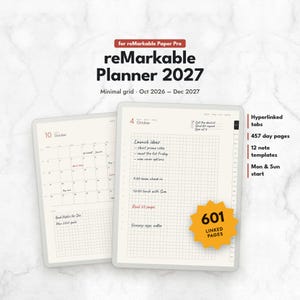 May include: A digital planner for reMarkable Paper Pro titled reMarkable Planner 2027, covering Oct 2026 to Dec 2027. It features a minimal grid, hyperlinked tabs, 457 day pages, 12 note templates, and 601 linked pages with Mon & Sun start options.