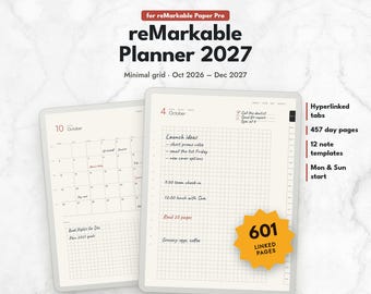 reMarkable Paper Pro Templates, 2026 2027 Minimal Planner for Color E-ink, Hyperlinked Grid Planner, reMarkable Templates, Daily PDF