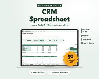 CRM Spreadsheet, Excel & Google Sheets Template, Client Tracker, Sales Pipeline, Lead Tracker, Small Business CRM, Customer Database