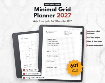 Kindle Scribe Planner 2027, Minimal Kindle Scribe Templates, Grid Planner, Hyperlinked Planner 2026 2027, Colorsoft Template, E Ink Planner
