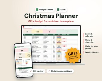 Christmas Planner Spreadsheet, Christmas Gift Tracker, Gift List Template, Holiday Budget Planner, Google Sheets and Excel, Card List & Menu