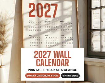 2027 Calendar Printable PDF, Desk Calendar, Wall Calendar | Year at a Glance Planner with Goal Tracker