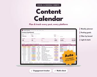 Content Calendar Spreadsheet, Social Media Planner for Excel & Google Sheets, Content Planner, Social Media Manager Template