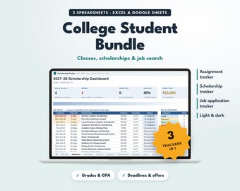 College Student Bundle, Assignment Tracker, Scholarship Tracker, Job Application Tracker Spreadsheet, Google Sheets & Excel, Student Planner