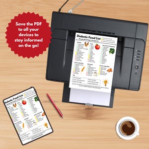 May include: A black printer printing a "Diabetic Food List" on white paper. A tablet displaying the same list is on a wooden surface, along with a red pen and a cup of coffee. A red starburst graphic says "Save the PDF to all your devices to stay informed on the go!"
