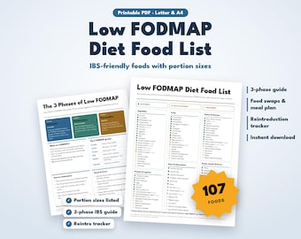 Low FODMAP Diet Food List Printable, IBS Diet Food Chart, Low Fodmap Meal Plan, Reintroduction Tracker, Food Symptom Diary, Grocery List PDF