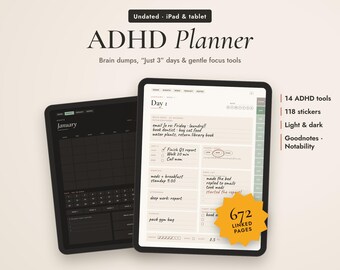 ADHD Planner, ADHD Digital Planner, Undated iPad Planner for Goodnotes & Notability, Daily Brain Dump Planner, Adult ADHD Planner, Dark Mode