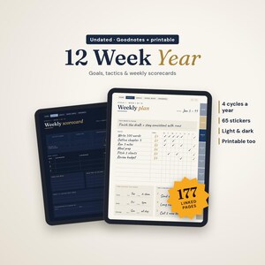 May include: A digital 12 Week Year planner featuring undated weekly plan and scorecard templates. The interface includes dark and light modes, 177 linked pages, 65 stickers, and 4 cycles per year. Text includes 12 Week Year, Goals, tactics & weekly scorecards, Weekly plan, and 177 LINKED PAGES.