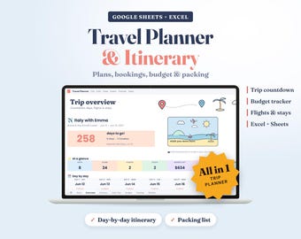 Travel Itinerary Template Google Sheets & Excel, Travel Planner Spreadsheet, Trip Planner, Vacation Budget, Packing List, Group Trip Split