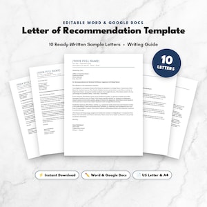May include: An editable letter of recommendation template featuring 10 ready-written sample letters and a writing guide. The document includes placeholders for full names, addresses, and contact details, compatible with Word and Google Docs.