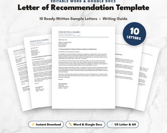 Letter of Recommendation Template, Editable Recommendation Letter, Word & Google Docs, College, Scholarship, Nursing Reference Letter