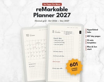 reMarkable Paper Pro Move Templates, 2026 2027 Minimal Planner, Hyperlinked Grid Planner, reMarkable Templates, Daily Planner PDF