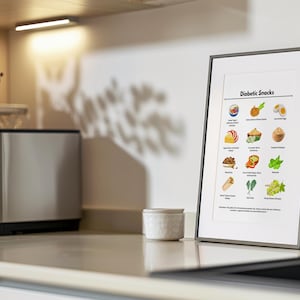 K&ouml;nnte beinhalten: Ein wei&szlig;er gerahmter Poster mit dem Titel "Diabetic Snacks" und Illustrationen verschiedener Snacks, darunter K&auml;se und Cracker, hartgekochte Eier und ein gr&uuml;ner Salat.