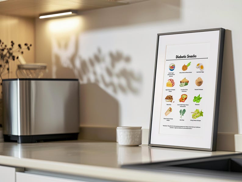 K&ouml;nnte beinhalten: Ein wei&szlig;er gerahmter Poster mit dem Titel "Diabetic Snacks" und Illustrationen verschiedener Snacks, darunter K&auml;se und Cracker, hartgekochte Eier und ein gr&uuml;ner Salat.