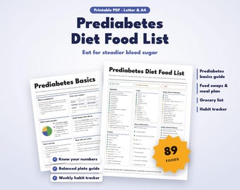 Prediabetes Diet Food List Printable, Prediabetic Food Chart, Prediabetes Meal Plan, Blood Sugar Diet, Habit Tracker, Grocery List PDF