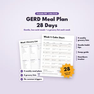 May include: A printable PDF GERD meal plan for 28 days featuring low-acid meals and grocery lists. The document includes four weekly meal plans, four grocery lists, gentle-habit tips, a swap guide, and a heartburn tracker on white paper.