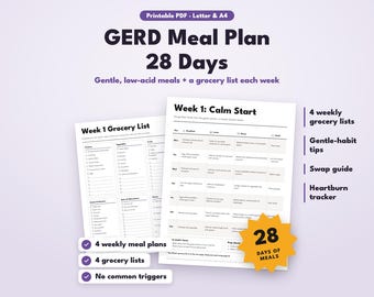 GERD Meal Plan Printable, 28 Day Acid Reflux Meal Plan, GERD Diet Plan with Grocery Lists, Silent Reflux Diet, Heartburn Meals PDF