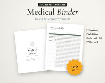 Medical Binder Printable, Fillable PDF Health Planner, Medication Tracker, Caregiver Binder, Medical Records Organizer, Emergency Info