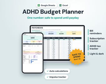 ADHD Budget Planner Google Sheets, ADHD Budget Spreadsheet, Spending Tracker, Subscription Tracker, No Spend Challenge, Excel, Dark Mode