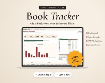 Book Tracker Spreadsheet, Reading Tracker for Google Sheets & Excel, Reading Log, TBR List, Book Bingo, Reading Challenge, Book Journal