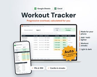Workout Tracker Spreadsheet Google Sheets & Excel, Progressive Overload Tracker, Gym Log, Strength Training Planner, Fitness Tracker