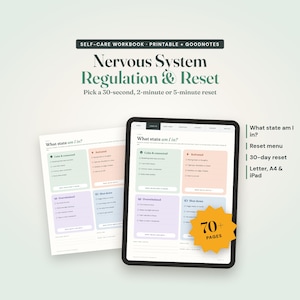Op de afbeelding: Een digitaal zelfzorgwerkboek getiteld Nervous System Regulation & Reset, met een printbare pagina en een tabletweergave. De inhoud bevat een What state am I in?-schema met kleurgecodeerde secties voor kalme, geactiveerde, overweldigde en afgesloten toestanden, plus een 70+ pagina's ster-icoon.