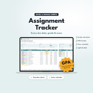 Assignment Tracker Spreadsheet, Student Planner for Google Sheets & Excel, Academic Planner, College Grade Calculator, GPA Tracker