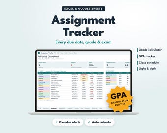 Assignment Tracker Spreadsheet, Student Planner for Google Sheets & Excel, Academic Planner, College Grade Calculator, GPA Tracker