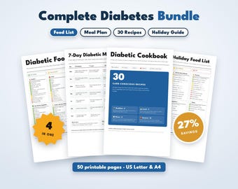 Diabetic Bundle Printable, Diabetic Food List, 7 Day Diabetic Meal Plan, Diabetic Cookbook, Holiday Food Guide, Blood Sugar Log PDF