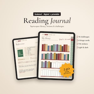 Könnte beinhalten: Ein undatiertes digitales und druckbares Lesetagebuch auf zwei Tablets. Die Benutzeroberfläche zeigt eine Buchrezensionsseite und eine Bibliotheksansicht mit bunten Buchrücken. Der Text umfasst 15 Herausforderungen, 4 Bingokarten, 114 Aufkleber und 240 Buchrezensionen.