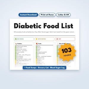 Diabetic Food List Printable, Diabetic Food Chart, Low Glycemic Food List, Blood Sugar Log, Diabetes Grocery List, Type 2 Diabetes PDF image 1