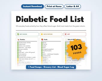 Diabetic Food List Printable, Diabetic Food Chart, Low Glycemic Food List, Blood Sugar Log, Diabetes Grocery List, Type 2 Diabetes PDF