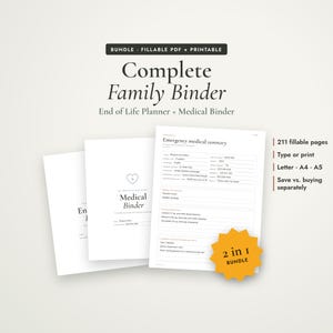 Ensemble de classeurs : Planificateur de fin de vie et classeur médical à imprimer, PDF remplissable, classeur d’urgence, classeur familial, documents importants