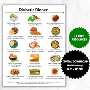 K&ouml;nnte beinhalten: Ein druckbarer digitaler Download eines Rezeptf&uuml;hrers f&uuml;r ein diabetisches Abendessen. Der Leitfaden enth&auml;lt 12 verschiedene Abendessen-Ideen mit bunten Illustrationen der einzelnen Gerichte. Der Leitfaden ist 8,5 Zoll mal 11 Zoll gro&szlig; und enth&auml;lt einen Haftungsausschluss, dass die Informationen nur zu Informationszwecken dienen.