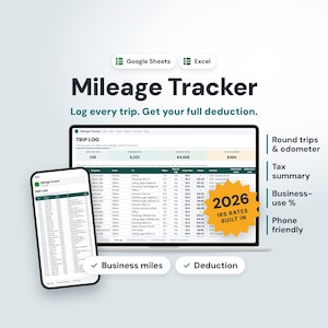 May include: A digital mileage tracker spreadsheet for Google Sheets and Excel displayed on a laptop and smartphone. The interface shows a trip log with columns for purpose, location, miles, and tax value, featuring a 2026 IRS rates built-in badge.