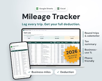 Mileage Tracker Spreadsheet, Mileage Log for Google Sheets and Excel, Business Mileage, Tax Deduction Tracker, Gig Driver, 2026 IRS