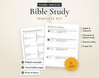 Bible Study Template Printable, SOAP Bible Study, Inductive Bible Study, Character Study, Sermon Notes, Prayer List, Bible Study Kit PDF