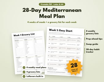 Mediterranean Meal Plan Printable, 28 Day Mediterranean Diet Meal Plan, 4 Week Meal Plan with Grocery Lists, Meal Prep, Monthly Meal Plan