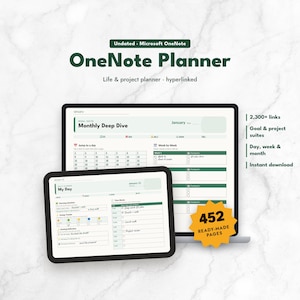 May include: An undated Microsoft OneNote planner displayed on a laptop and tablet screen. The interface features a monthly calendar, daily planning sections, and goal suites. A yellow starburst graphic highlights 452 ready-made pages and 2,300+ links.