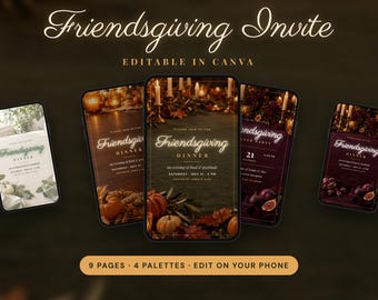 Friendsgiving Invite Digital, Thanksgiving Evite, Friendsgiving Dinner Party RSVP | Editable Canva Template, 14 Designs, 4 Color Palettes
