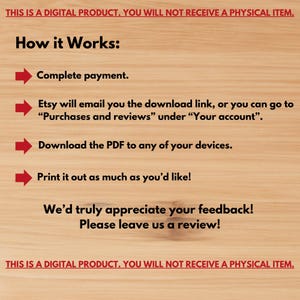 May include: A digital product information sheet on a light brown wooden background. The text includes "How it Works:" followed by steps with red arrows. The steps are: complete payment, download link via Etsy, download PDF, and print. The sheet also asks for feedback.