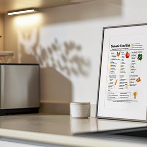 May include: A framed print titled "Diabetic Food List" with a black frame, displayed on a kitchen counter. The list categorizes foods, with illustrations of fruits, vegetables, and other items. A stainless steel toaster and small white ceramic container are also visible.